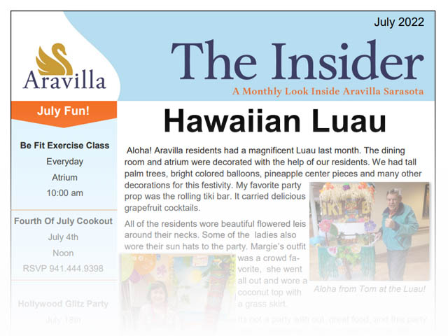 Memory care newsletter July 2022 Aravilla Sarasota