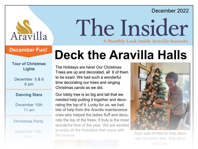 memory care newsletter Aravilla Sarasota December 2022