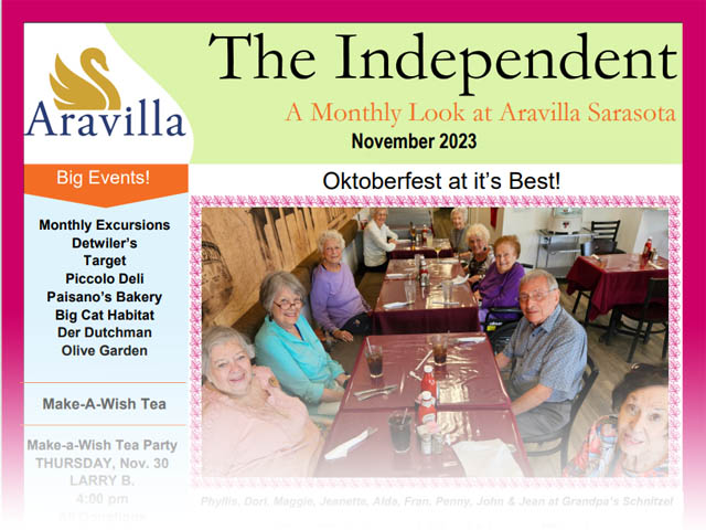 assisted living Aravilla Sarasota November 2023 newsletter image